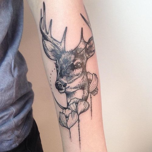 Grey Dotwork Deer Tattoo On Bicep