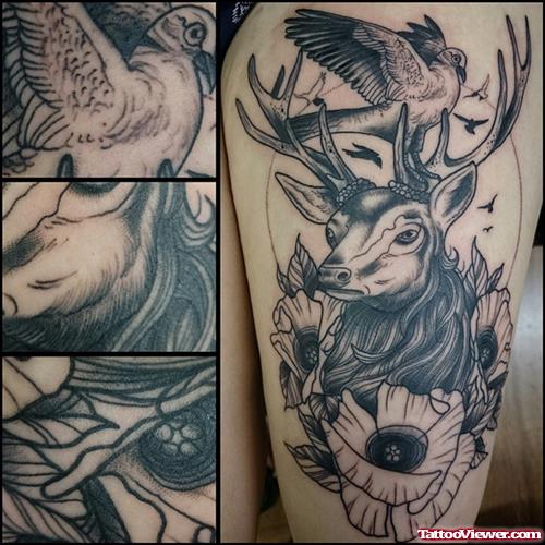 courageous deer with bird tattoo