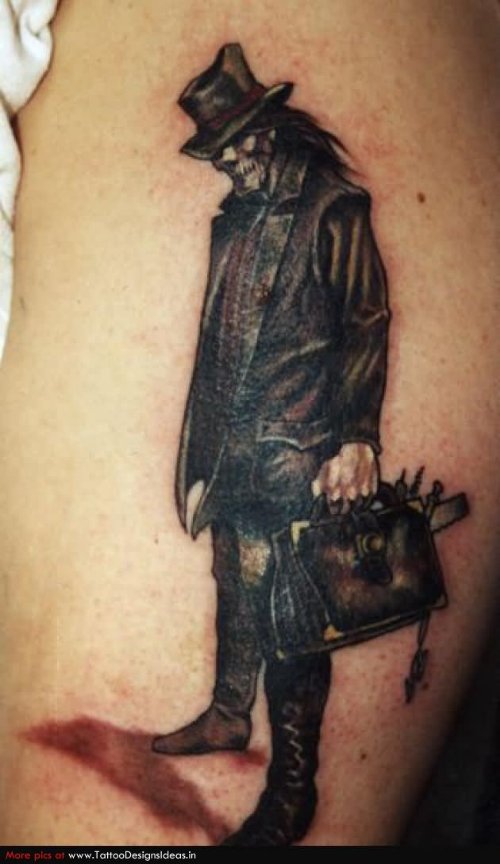 Dark Ink Demon Tattoo On Left Sleeve
