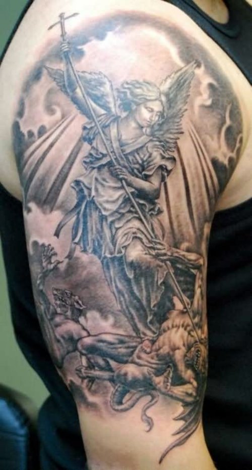 Archangel Fighting Demon Tattoo On Half Sleeve