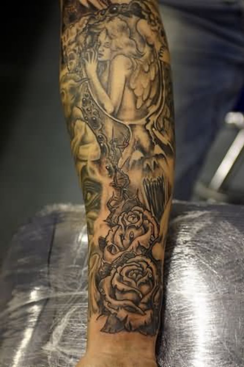 Black Rose Flowers and Demon Tattoo On Sleeve
