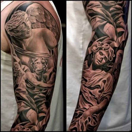 Grey Ink Angel And Demon Tattoos On Full Sleeve