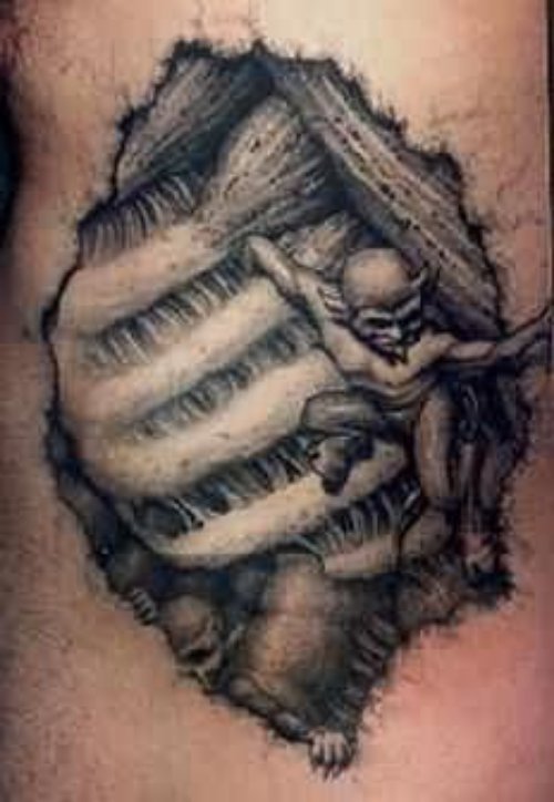Awesome Grey Ink Demon Tattoo On Side