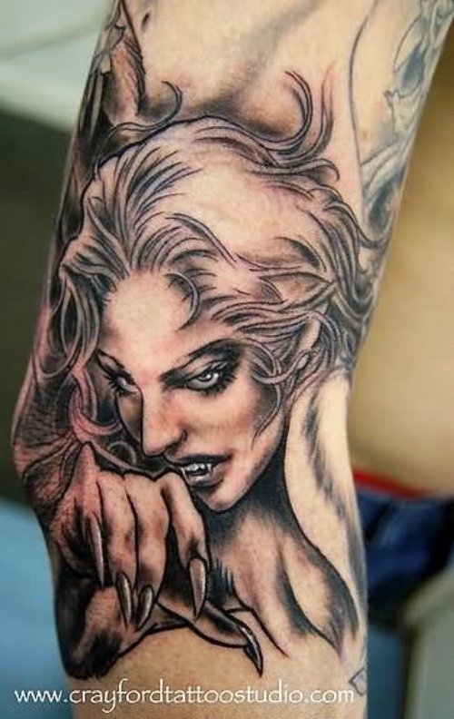 Grey Ink Demon Girl Tattoo