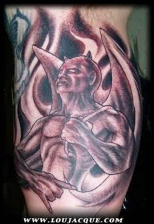Grey Demon Tattoo On Back Leg
