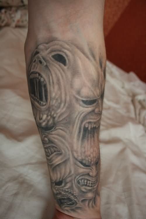 Grey Ink Skulls Demon Tattoo On Arm Sleeve