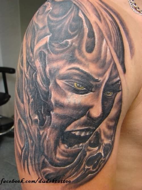Grey Evil Demon Tattoo On Right Shoulder