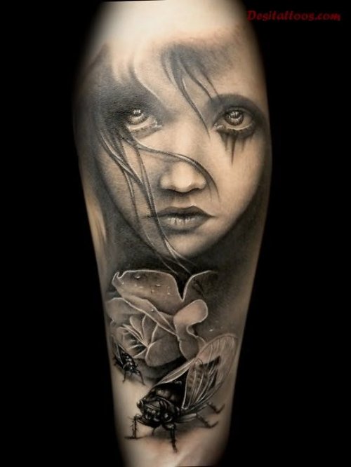 Grey Ink Demon Girl Tattoo On Arm Sleeve