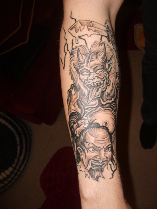 Grey Ink Demons Tattoos On Full Sleeve