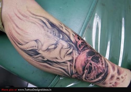 Attractive Grey Ink Demon Tattoo On Leg Sleeve