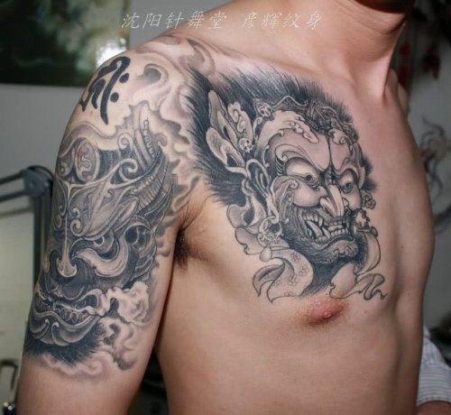 Man Chest And Shoulder Demon Tattoo