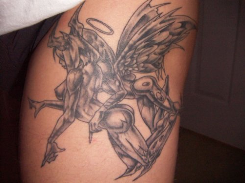 Grey Ink Flying Angel And Demon Tattoo