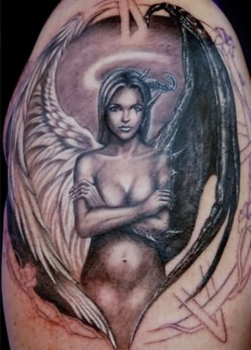 Girl With Angel And Devil Wing Tattoo On Shoulder