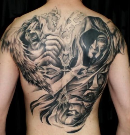 Grey Ink Angel Vs Demon Tattoo On Back