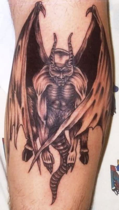 Grey Ink Gothic Demon Tattoo On Full Sleeve