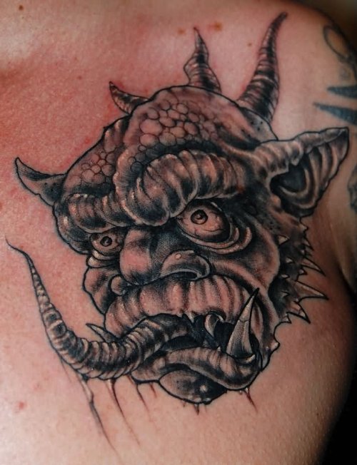 Attractive Grey Ink Demon Tattoo On Left Shoulder