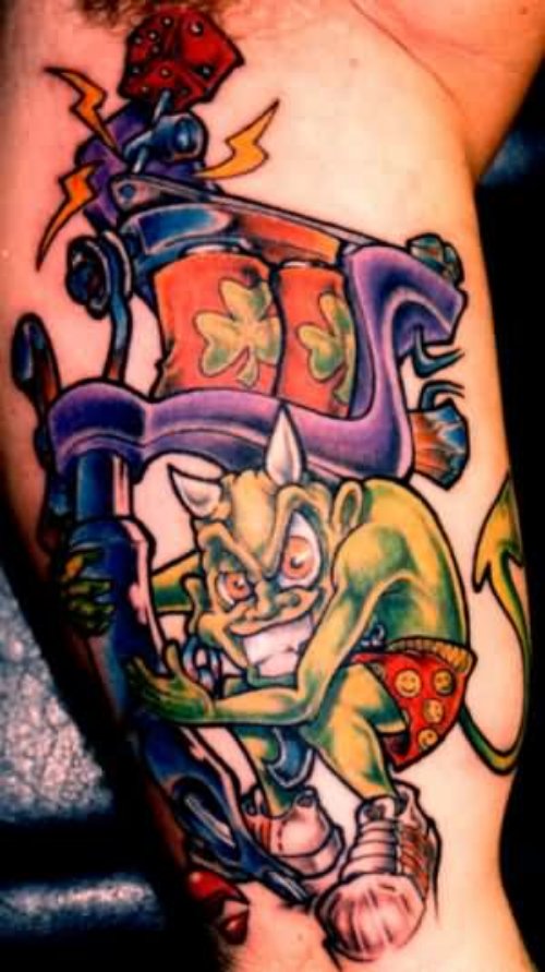 Green Demon With Tattoo Machine Tattoo On Half Sleeve