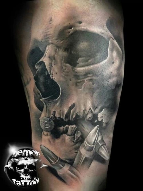 Grey Ink Skull Demon Tattoo On Sleeve