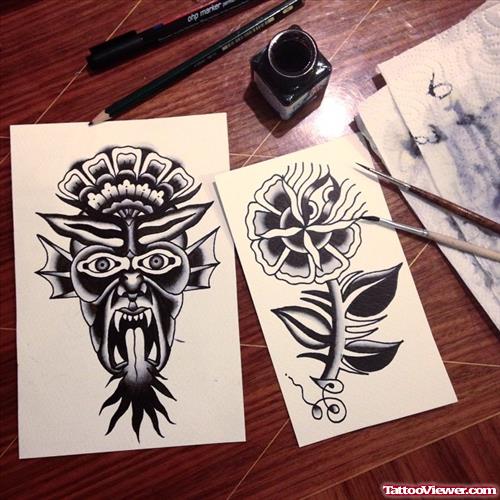 demon and flower tattoo design
