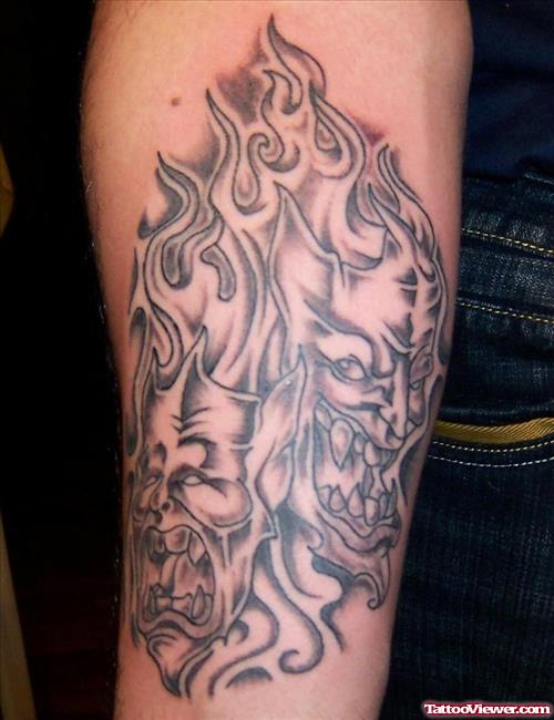 Grey Ink Flaming Devil Tattoo On Sleeve