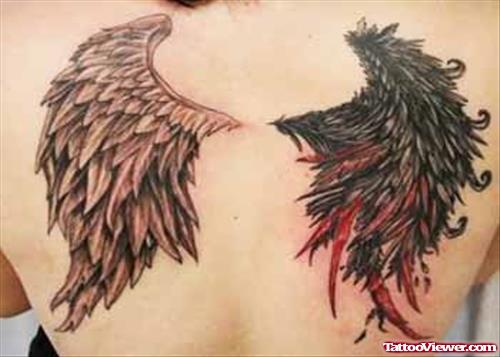 Grey Ink Angel Wing And Devil Wing Tattoo On Back