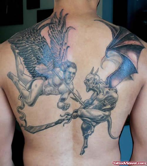 Grey Ink angel And Devil Back Body Tattoo