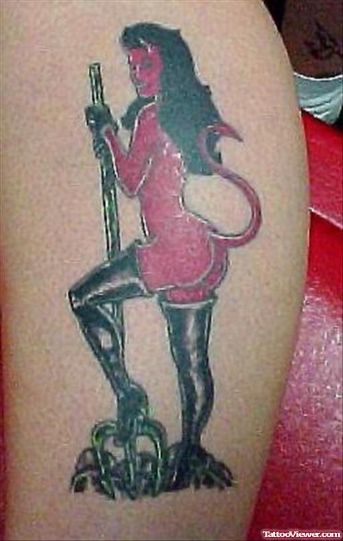 Devil Girl Tattoo On Back Shoulder