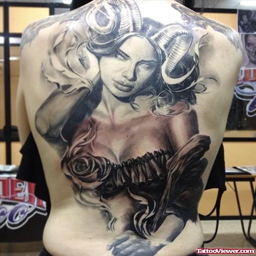 Dark Grey Ink Devil Girl Tattoo On Back