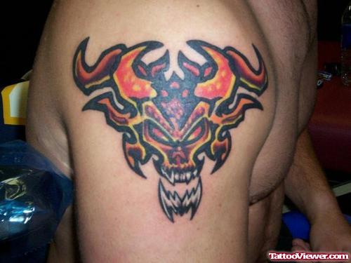 Colored Skull Devil Tattoo On Right Shoulder