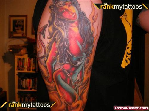 Colored Devil Girl In Flames Tattoo On Half Sleeve