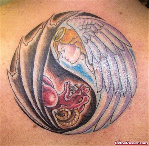 Colored Angel And Devil Tattoo On Back