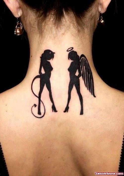 Black Ink Angel And Devil Devil Girls Tattoos On Upperback
