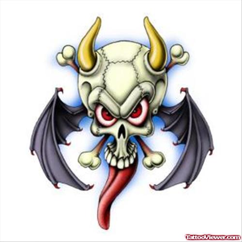 Winged Devil Skull n Tongue Tattoo Design