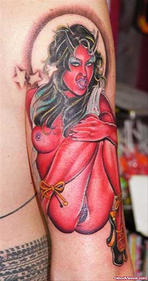 Red Ink Devil Girl Tattoo On Sleeve.