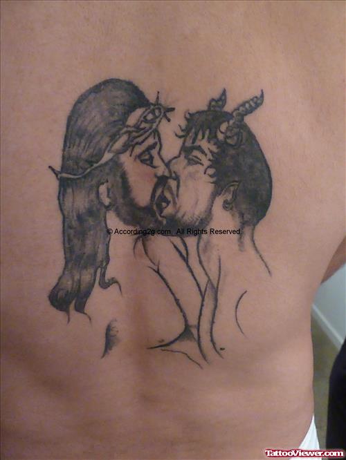 Jesus Making Out With The Devil Tattoo On Back