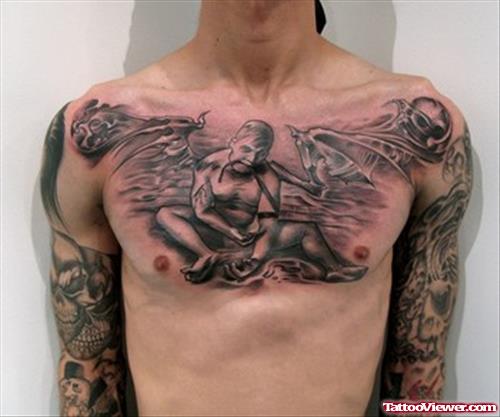 Grey Ink Devil Tattoo On Man Chest