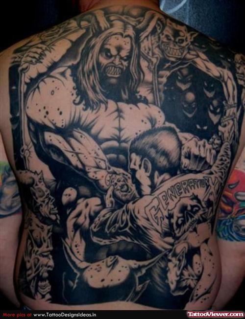 Grey Ink Devil Tattoo On Man Back Body