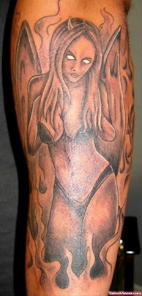 Grey Ink Devil Girl Tattoo On Sleeve