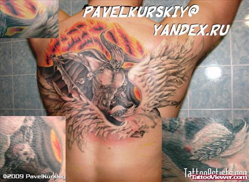 Flying Angel And Devil Tattoo On Back
