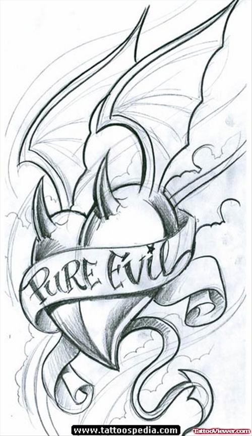 Pure Evil Banner And Winged Devil Heart Tattoo Design