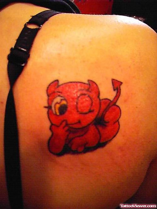 Little Red Devil Tattoo On Right Back Shoulder