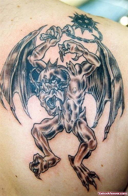 Grey Ink Devil Tattoo On Right Back Shoulder