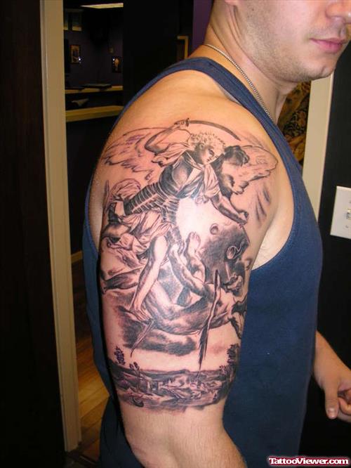 Flying Angel And Devil Tattoo On Man Right Half Sleeve