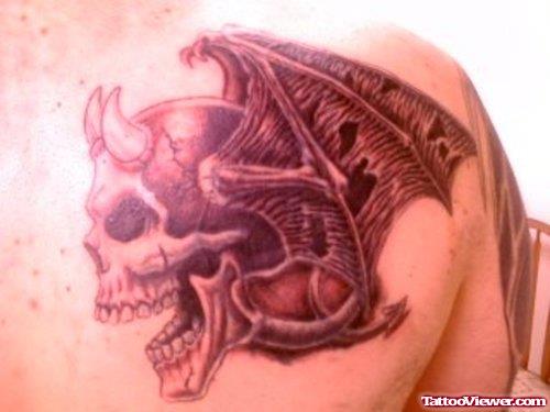 Winged Devil Skull Tattoo On Back Shoulder
