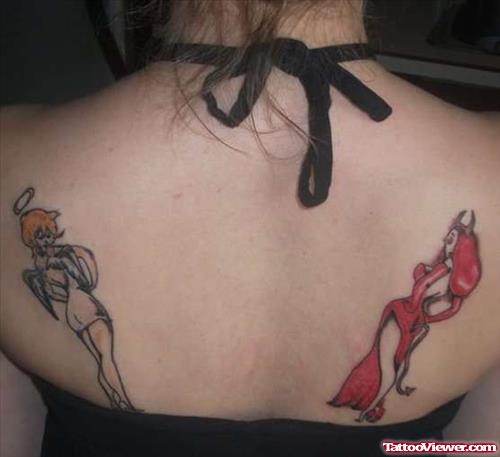 The Angel n Devil Tattoo On Back Shoulders