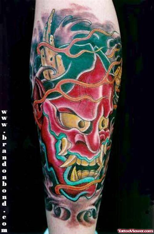 Red Ink Asian Devil Face Tattoo Design