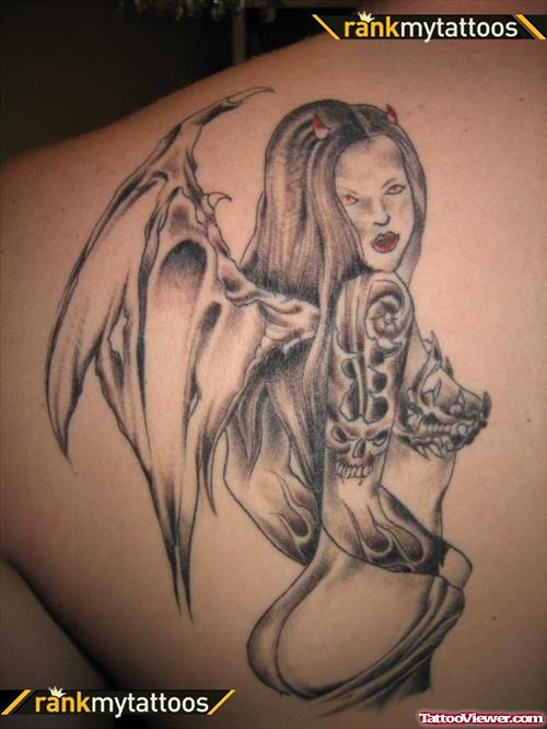 Grey Ink Devil Girl Tattoo On Back Shoulder