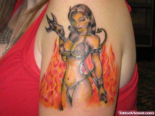 Flaming Devil Girl Tattoo On Left Half Sleeve