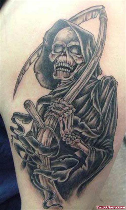 Grey Ink Grim Reaper Devil Tattoo On Half Sleeve
