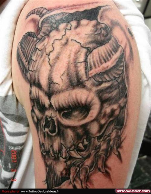 Grey Ink Devil Skull Tattoo On Left Half Sleeve